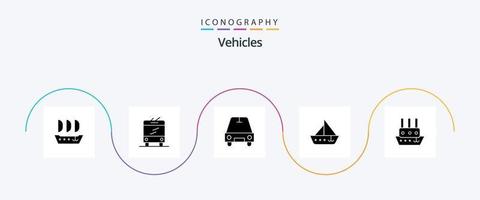 Pacote de ícones de glifo 5 de veículos, incluindo embarcação. barco a vapor. transporte. enviar. veículos vetor