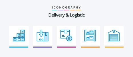entrega e pacote logístico de 5 ícones azuis, incluindo armazém. caixas. serviço. caixa. logística. design de ícones criativos vetor