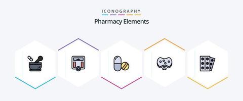 elementos de farmácia 25 pacote de ícones de linha preenchida, incluindo médico. médico. medicamento. hospital. Cuidado vetor