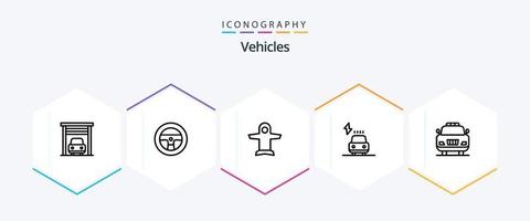 Pacote de ícones de 25 linhas de veículos, incluindo . emergência. transporte. carro. elétrico vetor