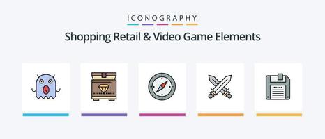 a linha de elementos de varejo e videogame de compras preencheu o pacote de 5 ícones, incluindo . compras. comprar. dinheiro. caixa. design de ícones criativos vetor