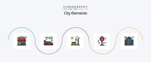 linha de elementos da cidade cheia de pacote de 5 ícones planos, incluindo escritório. prédio. cidade. parar. quadro vetor