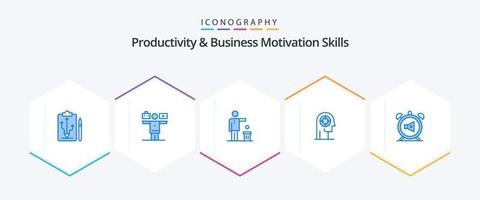 habilidades de produtividade e motivação de negócios 25 pacote de ícones azuis, incluindo cabeça. concentração. trabalhar. seta. reciclando vetor