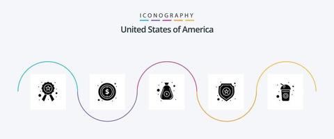 Pacote de ícones EUA Glyph 5, incluindo cola. sinal. dólar. estrela. escudo vetor