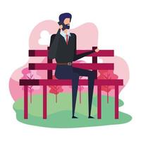 empresário elegante ligando com smartphone sentado na cadeira do parque vetor