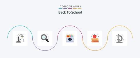 de volta ao pacote de ícones plana 5 da escola, incluindo química. de volta à escola. de volta à escola. maçã no livro. Educação vetor