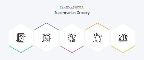pacote de ícones de 25 linhas de mercearia, incluindo placa. perna. vegetal. frango. pera vetor