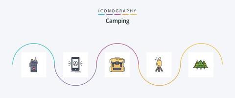 linha de acampamento cheia de pacote de 5 ícones planos, incluindo chama. bagagem. acampamento. caminhada. acampamento vetor