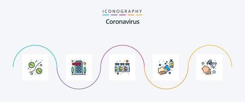 linha de coronavírus cheia de pacote de 5 ícones planos, incluindo lavagem. mãos. ficando. limpar. vacina vetor
