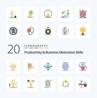 Pacote de ícones de cores planas de 20 habilidades de produtividade e motivação de negócios, como trabalho, descanso, foco, parada de mídia de trabalho vetor