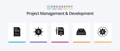 gerenciamento de projetos e pacote de ícones de glifo 5 de desenvolvimento, incluindo correio. página. bancário. documentos. documentos legais. design de ícones criativos vetor