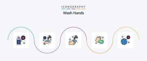 lave as mãos linha cheia pacote de ícones plana 5 incluindo em todo o mundo. médico. mãos. mãos. bolha vetor