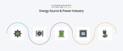 fonte de energia e linha da indústria de energia preenchida com 5 ícones planos, incluindo biomassa. fonte de energia. bin. plugue. elétrico vetor