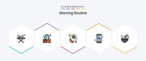 rotina matinal 25 pacote de ícones de linha preenchida, incluindo comida. tigela. croissant. clima. relatório vetor