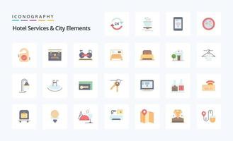 25 serviços de hotelaria e pacote de ícones de cores planas de elementos da cidade vetor