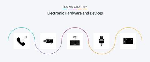 pacote de ícones de glifo 5 de dispositivos, incluindo design. conector. meios de comunicação. cobrar. tipo vetor