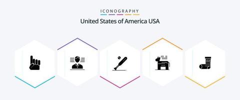 Pacote de ícones dos EUA com 25 glifos, incluindo o Natal. símbolo. beisebol. político. burro vetor