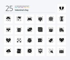 dia dos namorados 25 pacote de ícones de glifos sólidos, incluindo rosas. amor. romance. flor. mulher vetor