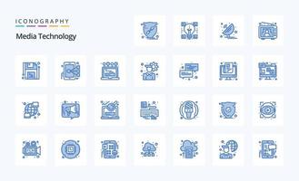25 pacote de ícones azuis de tecnologia de mídia vetor