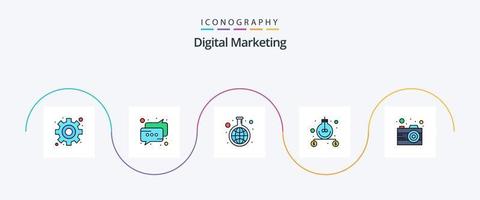 linha de marketing digital cheia de pacote de 5 ícones planos, incluindo câmera. conexão. experimentar. dinheiro. negócios vetor