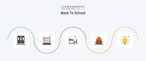 de volta ao pacote de ícones plana 5 da escola, incluindo de volta. Sino. mesa. mochila. escola vetor