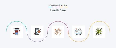 linha de cuidados de saúde cheia de pacote de 5 ícones planos, incluindo doenças. transporte. dna. hospital. ambulância vetor