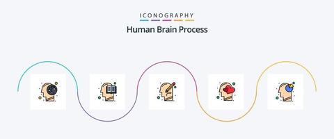 linha de processo do cérebro humano cheia de pacote de 5 ícones planos, incluindo cabeça. emoções. humano. escrever. mente vetor