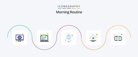 pacote de ícones plano de rotina matinal 5, incluindo alarme. café. banheiro. chá. xícara vetor