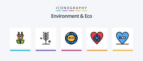 ambiente e linha ecológica cheia de 5 ícones, incluindo folha. eco. luz. terra. ambiente. design de ícones criativos vetor