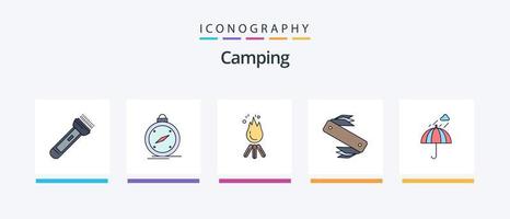 a linha de acampamento encheu o pacote de 5 ícones, incluindo montanhas. acampamento. acampamento. explorar. encontrar. design de ícones criativos vetor