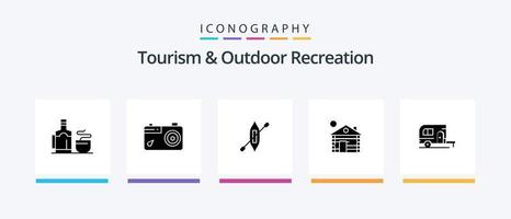 turismo e recreação ao ar livre glyph 5 pacote de ícones incluindo camping. lar. barco. serviço. hotel. design de ícones criativos vetor