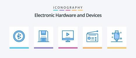 pacote de ícones de 5 dispositivos azuis, incluindo cabo. rádio. dispositivos. gadgets. vídeo. design de ícones criativos vetor