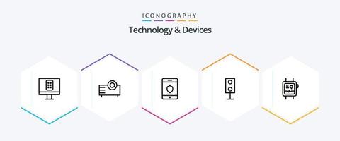 dispositivos 25 pacote de ícones de linha, incluindo saúde. tecnologia. segurança. palestrante. eletrônicos vetor