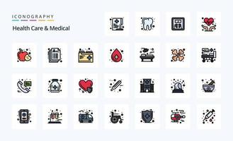 25 cuidados de saúde e pacote de ícones de estilo cheio de linha médica vetor