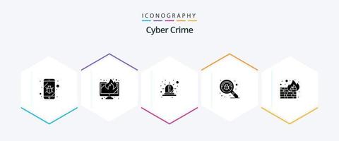 pacote de ícones de 25 glifos para crimes cibernéticos, incluindo fogo. procurar. alerta. encontrar. sirene vetor