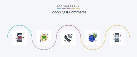 linha de compras e comércio preenchida com 5 ícones planos, incluindo hora. bolsa. Contate-nos. compras. comércio eletrônico vetor