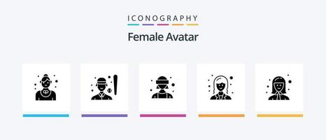 pacote de ícones de glifo 5 de avatar feminino, incluindo senhora. funcionário. jogador. negócios. realidade virtual. design de ícones criativos vetor