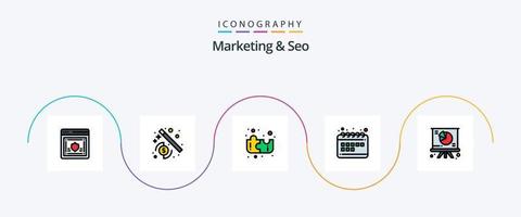 marketing e linha seo cheia de pacote de 5 ícones planos, incluindo torta. gráfico. Educação. calendário. SEO vetor