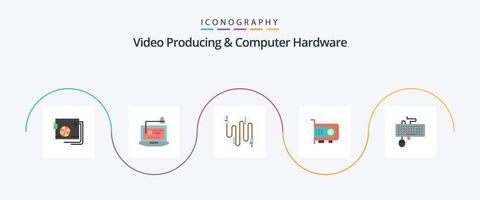 produção de vídeo e pacote de ícones plana 5 de hardware de computador, incluindo computador. poder. chave. computador. cabos vetor