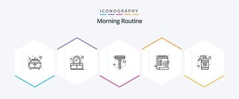 pacote de ícones de 25 linhas de rotina matinal, incluindo cuidados. loção. barbear. derrubar. marca vetor