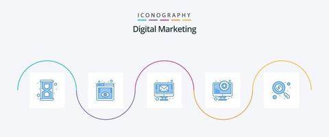 pacote de ícones azul 5 de marketing digital, incluindo pesquisa. seo. e-mail. otimização. blogue vetor