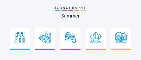 pacote de ícones de verão azul 5, incluindo antigo. mar. sandálias de dedo. barco a vela. náutico. design de ícones criativos vetor