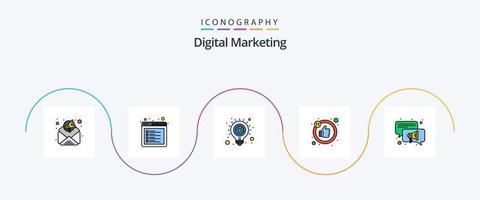 linha de marketing digital cheia de pacote de 5 ícones planos, incluindo . palestrante. ideia. conversação. gosta vetor