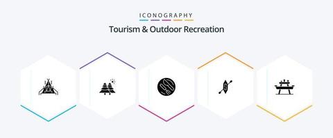 pacote de ícones de 25 glifos de turismo e recreação ao ar livre, incluindo parque. banco. prato. enviar. canoa vetor