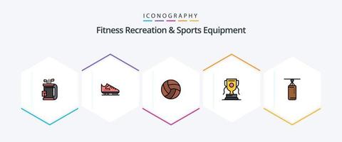 recreação de fitness e equipamento esportivo 25 pacote de ícones de linha preenchida, incluindo jogo. prêmio. patins. realização. voleibol vetor