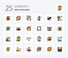 islã e ramadã 25 linhas cheias de ícones incluindo cânone. lanterna. água. islamismo. religião vetor