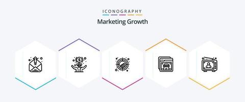 pacote de ícones de 25 linhas de crescimento de marketing, incluindo compras. on-line. investimento. navegador. alvo vetor