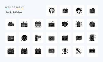 25 pacotes de ícones de glifos sólidos de áudio e vídeo vetor