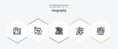 pacote de ícones de 25 linhas de geografia, incluindo localização. bandeira. viagem. apartamento. cidade vetor