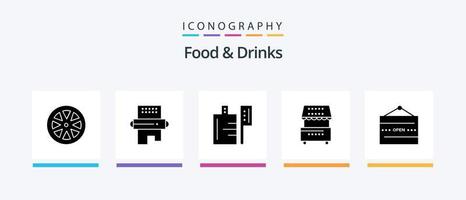 pacote de ícones de glyph 5 de alimentos e bebidas, incluindo e. quiosque. alfinete. comida. culinária. design de ícones criativos vetor